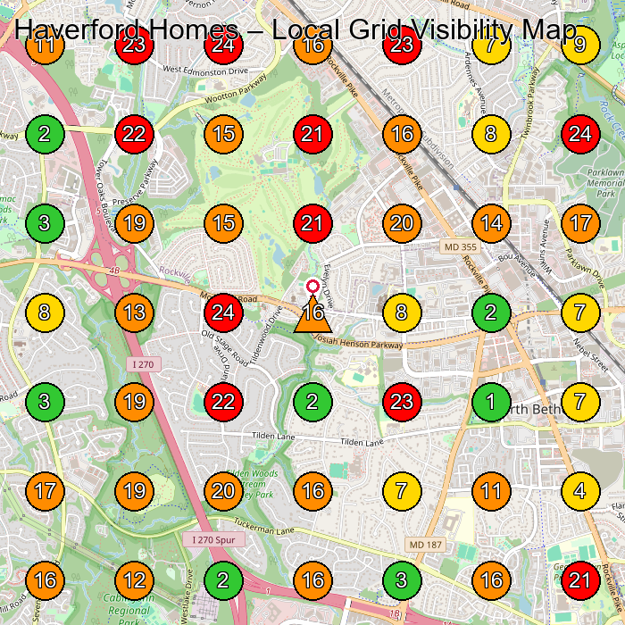 Haverford Homes Home Builder GeoGrid ranking map for Rockville MD